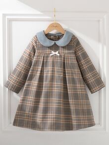 Souflis Souflis 幼童女童格紋彼得潘領長袖蝴蝶結裝飾百褶A字裙，復古秋季休閒洋裝 - 灰色 - 查看 4