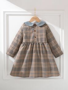 Souflis Souflis 幼童女童格紋彼得潘領長袖蝴蝶結裝飾百褶A字裙，復古秋季休閒洋裝 - 灰色 - 查看 5