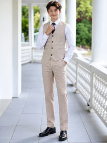 Teenager 2026 Khaki Plaid Suit Set: Sleeveless Vest + Trousers, Gentleman Style For Daily Wear, Back To School, Performance, Wedding, Christmas - Khaki - View 11
