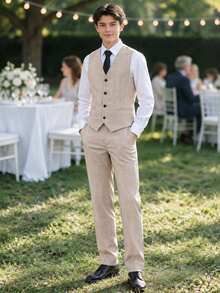 Teenager 2026 Khaki Plaid Suit Set: Sleeveless Vest + Trousers, Gentleman Style For Daily Wear, Back To School, Performance, Wedding, Christmas - Khaki - View 4
