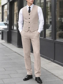 Teenager 2026 Khaki Plaid Suit Set: Sleeveless Vest + Trousers, Gentleman Style For Daily Wear, Back To School, Performance, Wedding, Christmas - Khaki - View 2