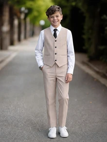 Teenager 2026 Khaki Plaid Suit Set: Sleeveless Vest + Trousers, Gentleman Style For Daily Wear, Back To School, Performance, Wedding, Christmas - Khaki - View 6