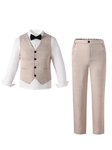 Teenager 2026 Khaki Plaid Suit Set: Sleeveless Vest + Trousers, Gentleman Style For Daily Wear, Back To School, Performance, Wedding, Christmas - Khaki - View 5