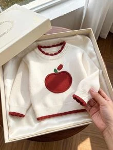 SHEIN كنزة صوفية محبوكة أنيقة وجميلة للفتيات الرضع، تطريز حبل التفاح، أكمام طويلة بتصميم كتل لونية وياقة دائرية - الأحمر - مشاهدة 1