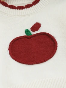 SHEIN كنزة صوفية محبوكة أنيقة وجميلة للفتيات الرضع، تطريز حبل التفاح، أكمام طويلة بتصميم كتل لونية وياقة دائرية - الأحمر - مشاهدة 6