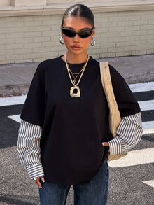 Muchica 女款新款 2 合 1 拼接圓領寬鬆長袖 T 恤，適合外出、街頭風、Y2K，2026 秋冬 - 黑色 - 查看 6