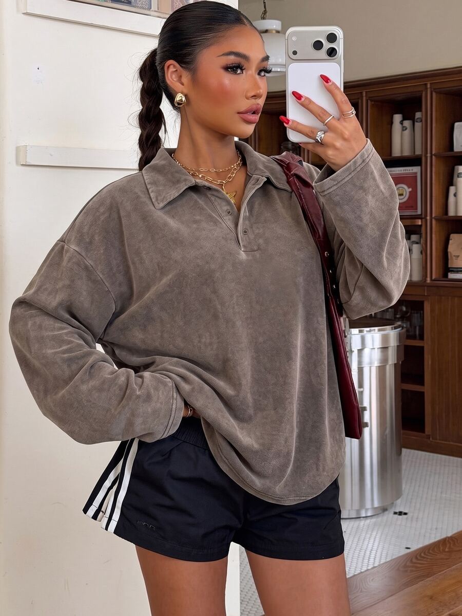 Muchica Women's Casual Brown Long Sleeve T-Shirt, Autumn - Brown - View 1