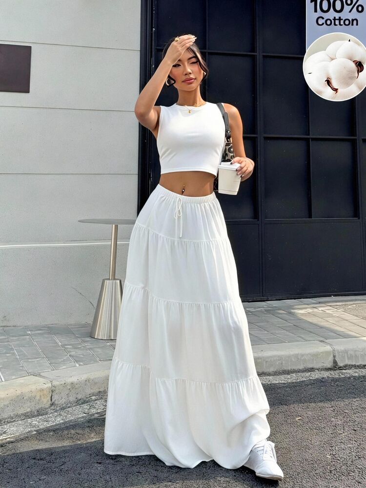 SHEIN EZwear Women's Solid Color Pleated Top And Skirt Casual 2 Pieces Set - White - View 10