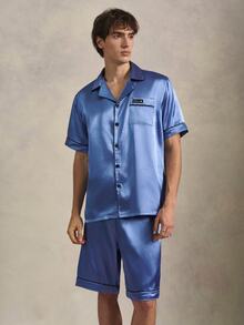 EverLounge Men's Colorblock Single-Breasted Short Sleeve Shirt And Shorts Casual Daily Home Wear Set - Blue - View 5