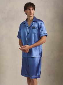 EverLounge Men's Colorblock Single-Breasted Short Sleeve Shirt And Shorts Casual Daily Home Wear Set - Blue - View 4