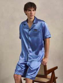 EverLounge Men's Colorblock Single-Breasted Short Sleeve Shirt And Shorts Casual Daily Home Wear Set - Blue - View 6