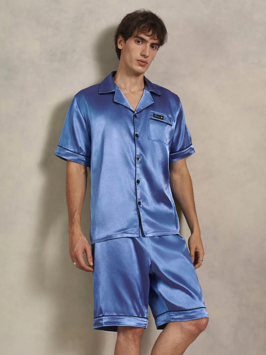 EverLounge Men's Colorblock Single-Breasted Short Sleeve Shirt And Shorts Casual Daily Home Wear Set - Blue - View 1