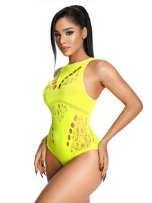 AltBold 1pc Neon Yellow High Neck Halter Jumpsuit, Side Hollow Floral Lace Patchwork Slim Fit Sexy Innerwear - Yellow - View 3