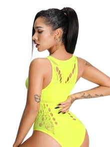 AltBold 1pc Neon Yellow High Neck Halter Jumpsuit, Side Hollow Floral Lace Patchwork Slim Fit Sexy Innerwear - Yellow - View 2