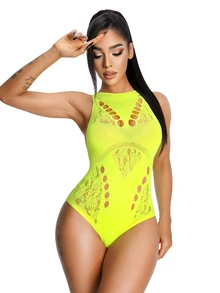 AltBold 1pc Neon Yellow High Neck Halter Jumpsuit, Side Hollow Floral Lace Patchwork Slim Fit Sexy Innerwear - Yellow - View 5