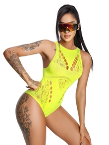 AltBold 1pc Neon Yellow High Neck Halter Jumpsuit, Side Hollow Floral Lace Patchwork Slim Fit Sexy Innerwear - Yellow - View 4
