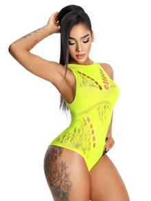 AltBold 1pc Neon Yellow High Neck Halter Jumpsuit, Side Hollow Floral Lace Patchwork Slim Fit Sexy Innerwear - Yellow - View 1