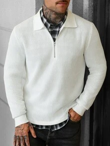 Manfinity CasualCool Kemeja Polo Lengan Panjang Pria Kasual Serbaguna Warna Polos - Putih - View 3