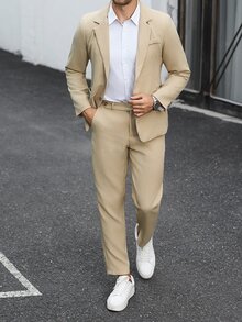 Manfinity Mode Men's Solid Color Casual Business Suit Set, Made Of Textured Fabric, Suitable For Daily Commute, Relaxed Work Environment Or Semi-Formal Occasions, Also An Ideal Gift For Boyfriend And Husband - Khaki - View 4