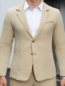 Manfinity Mode Men's Solid Color Casual Business Suit Set, Made Of Textured Fabric, Suitable For Daily Commute, Relaxed Work Environment Or Semi-Formal Occasions, Also An Ideal Gift For Boyfriend And Husband - Khaki - View 6