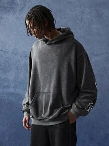 PAVTROS Men's Autumn & Winter Snow‑Washed Hoodie, Gothic Letter Print Accents, Perfect Millennium‑Theme Gift For Halloween & Christmas - Black - View 2