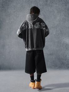 PAVTROS Men's Autumn & Winter Snow‑Washed Hoodie, Gothic Letter Print Accents, Perfect Millennium‑Theme Gift For Halloween & Christmas - Black - View 7