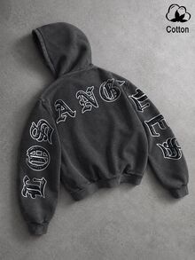 PAVTROS Men's Autumn & Winter Snow‑Washed Hoodie, Gothic Letter Print Accents, Perfect Millennium‑Theme Gift For Halloween & Christmas - Black - View 1