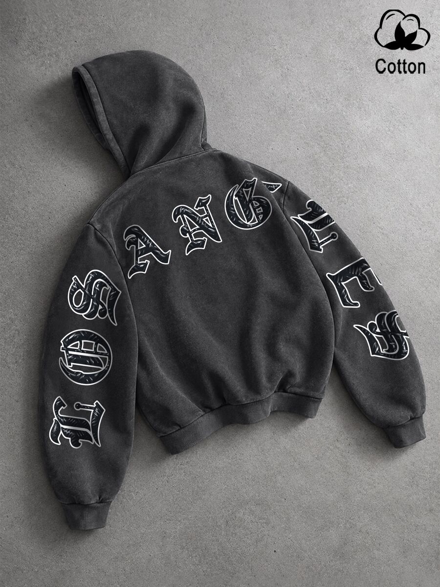 PAVTROS Men's Autumn & Winter Snow‑Washed Hoodie, Gothic Letter Print Accents, Perfect Millennium‑Theme Gift For Halloween & Christmas - Black - View 1