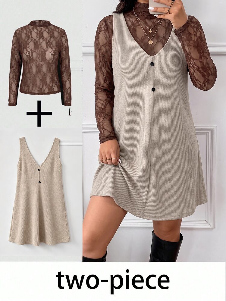 SHEIN Frenchy Women's Plus Size Lace Top & Sleeveless Dress 2 Pieces Set Casual Daily Going Out Brunch 2 Pieces Set Women Casual Office Business Work Dress Women - Multicolor - View 4