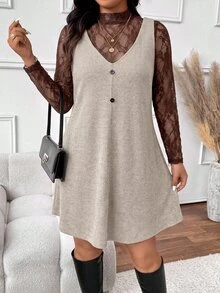 SHEIN Frenchy طقم نسائي مقاس كبير من قطعتين: ملابس علوية دانتيل وفستان بدون أكمام - متعدد الألوان - مشاهدة 7