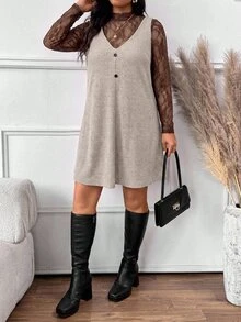 SHEIN Frenchy طقم نسائي مقاس كبير من قطعتين: ملابس علوية دانتيل وفستان بدون أكمام - متعدد الألوان - مشاهدة 4