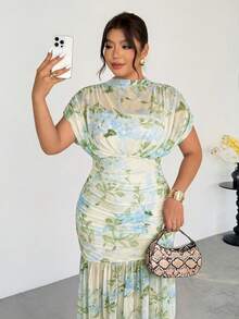 Firerie 大尺碼女款優雅精緻浪漫迷人時尚情人節約會度假婚禮賓客度假風網紗透視二合一棕色洋裝 - 彩色 - 查看 5