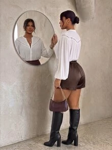 Firerie Plus Size Elegant Commuter Lace Patchwork Birthday Brunch High Tea Wrap Shorts Casual Daily Going Out For Women Summer Office Business Work Brown - Brown - View 3