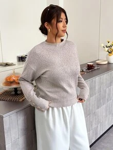 Firerie Plus Size Women Solid Color Crew Neck Drop Shoulder Long Sleeve Casual Soft Form Pullover Sweater Office Formal Maroon Autumn Winter - Khaki - View 4