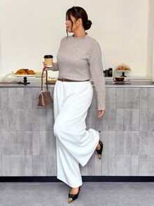 Firerie Plus Size Women Solid Color Crew Neck Drop Shoulder Long Sleeve Casual Soft Form Pullover Sweater Office Formal Maroon Autumn Winter - Khaki - View 7