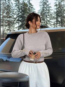 Firerie Plus Size Women Solid Color Crew Neck Drop Shoulder Long Sleeve Casual Soft Form Pullover Sweater Office Formal Maroon Autumn Winter - Khaki - View 2