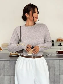 Firerie Plus Size Women Solid Color Crew Neck Drop Shoulder Long Sleeve Casual Soft Form Pullover Sweater Office Formal Maroon Autumn Winter - Khaki - View 5