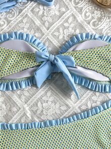 Swim Mod Teenage Polka Dot Print Ruched Bandeau Bikini Top With High Waist Ruffled Triangle Bottoms Women's Swimwear Set - Multicolor - View 6