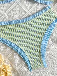 Swim Mod Teenage Polka Dot Print Ruched Bandeau Bikini Top With High Waist Ruffled Triangle Bottoms Women's Swimwear Set - Multicolor - View 3