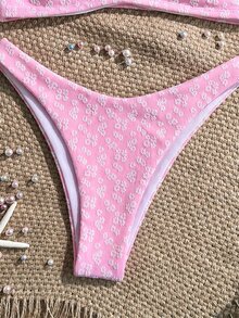 SHEIN Swim 春夏粉白花卉圖案針織提花上衣高腰三角比基尼泳褲休閒可愛性感女款泳裝套裝2件組海灘派對 - 粉色 - 查看 5