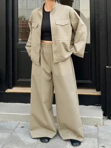 Livesso Plus Size Women Solid Color Long Sleeve Top And Pants Casual Daily 2 Pieces Set Fall - Mocha Brown - View 6