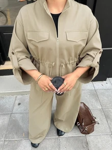 Livesso Plus Size Women Solid Color Long Sleeve Top And Pants Casual Daily 2 Pieces Set Fall - Mocha Brown - View 4