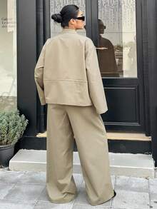 Livesso Plus Size Women Solid Color Long Sleeve Top And Pants Casual Daily 2 Pieces Set Fall - Mocha Brown - View 2