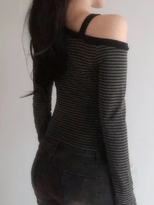 DAZY 女款不對稱肩黑白條紋長袖韓風T恤，秋季夜生活休閒穿搭 - 黑與白 - 查看 7