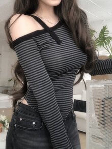 DAZY 女款不對稱肩黑白條紋長袖韓風T恤，秋季夜生活休閒穿搭 - 黑與白 - 查看 4