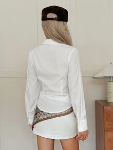 DAZY Women's Casual Versatile Solid Color Cinched Waist Shirt Fall Long Sleeve Tops - White - View 2