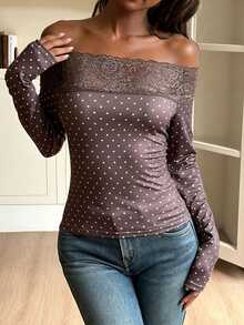 Livesso V-Neck Long Sleeve Tie-Front White Polka Dot Solid Color Slim Fit Knit Cropped T-Shirt Women Autumn Open Shoulder Tops Tea Party Romantic Elegant - Coffee Brown - View 4