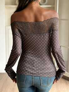 Livesso V-Neck Long Sleeve Tie-Front White Polka Dot Solid Color Slim Fit Knit Cropped T-Shirt Women Autumn Open Shoulder Tops Tea Party Romantic Elegant - Coffee Brown - View 2