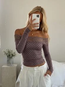 Livesso V-Neck Long Sleeve Tie-Front White Polka Dot Solid Color Slim Fit Knit Cropped T-Shirt Women Autumn Open Shoulder Tops Tea Party Romantic Elegant - Coffee Brown - View 1
