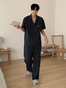 DAZY 男士純色襯衫T恤睡衣套裝，夏季格紋 - 藏蓝色 - 查看 8